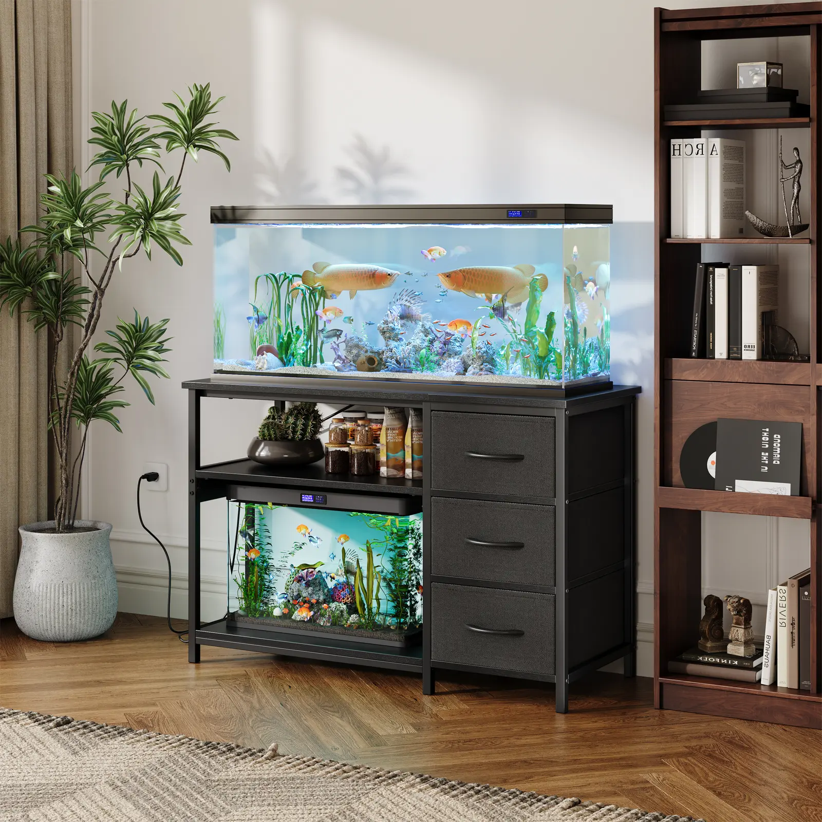 Dual-Tier Aquarium Stand for 10-75 Gallon Tanks – 47"×19.7" with Power Strip, Cabinet & Drawers – Heavy Duty 1000lbs, Black