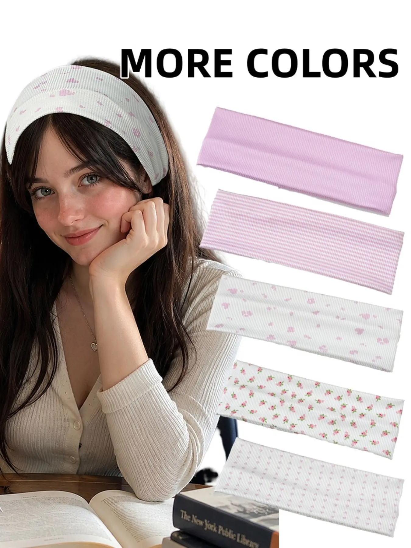 5 Pack Pink Ribbed Knit Headbands with Floral Prints, Flower Headband, Korean Minimalist Elastic Wide Hair Bands, Soft Stretchy Non-Slip Sweat-Wicking Design to Hold Back Flyaways, Perfect Holiday Gift for Christmas, Thanksgiving, Back to School & New Y
