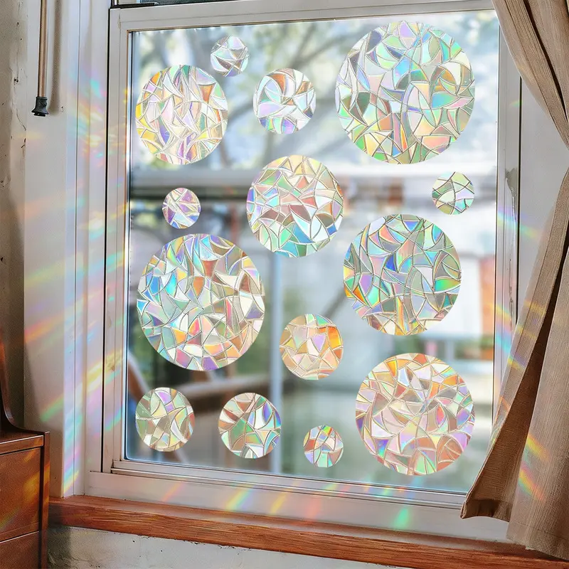 Holographic Rainbow Circle Static Window Clings, Iridescent Stained Glass Texture Window Stickers, Textured Stickers, Sun Catcher Prism Window Decals for Bedroom Living Room Glass Decor, Reusable No Glue Window Art
