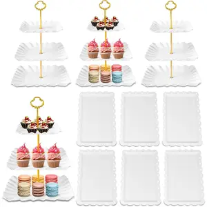 10 Pack Dessert Table Display Set - 4 x Three-Tier Square Cupcake Stands and 6 x Serving Trays, Elegant Tableware for Cakes, Cupcakes, Pastries, and Snacks, Perfect for Parties (White)