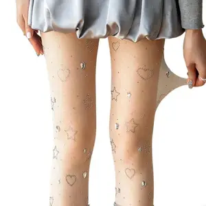 Glittering Star And Heart Rhinestones Embellished Butterfly Pattern Sheer Pantyhose For Women Party Wear 6XDA
