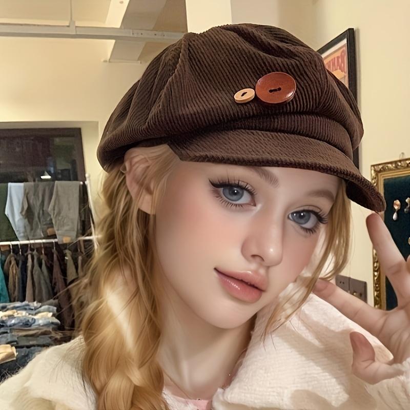Retro Corduroy Beret Hat - Breathable Flannel Octagonal Design with Button Detail, Brown Four-Season Versatile Literary Style Hat for Casual Outfits, Birthday Gift for Friends