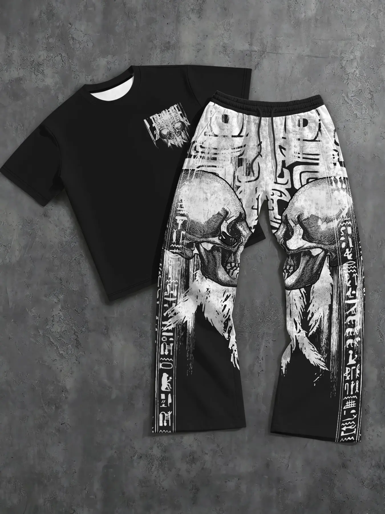 Vintage Hieroglyph Skull Graphic Men Matching Set Crew Neck T-Shirt Flared Trousers Punk Street Outfit