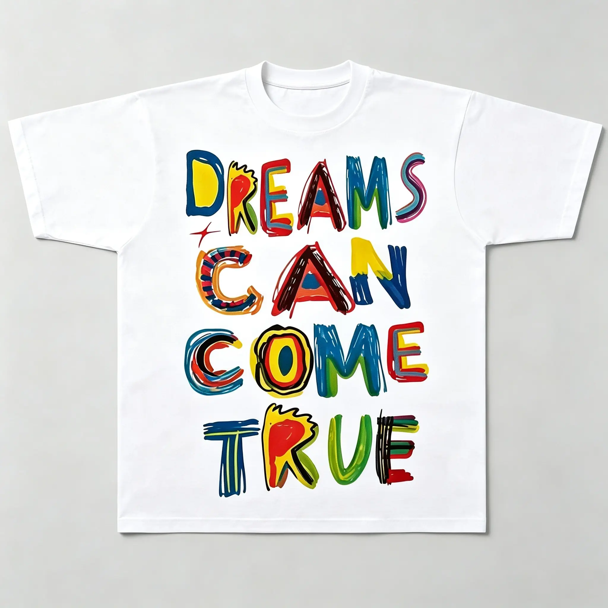 Unisex Colorful Hand-Drawn Art Graphic T-Shirt - Short-Sleeve, Round Neck, Casual Cut Streetwear Sports Top with "Dreams Can Come True" Statement