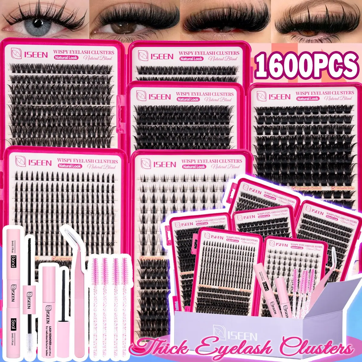 1600pcs Lash Clusters Kit,8-18 mm D Curl 60D/80D/100D/120D/150D/200D/Manga/Spiky Natural Volume Individual Eyelashes Book Set with Bond & Seal, Brush and Tweezers, Perfect for DIY at Home for Women and Beginners, Eyelash Extensions