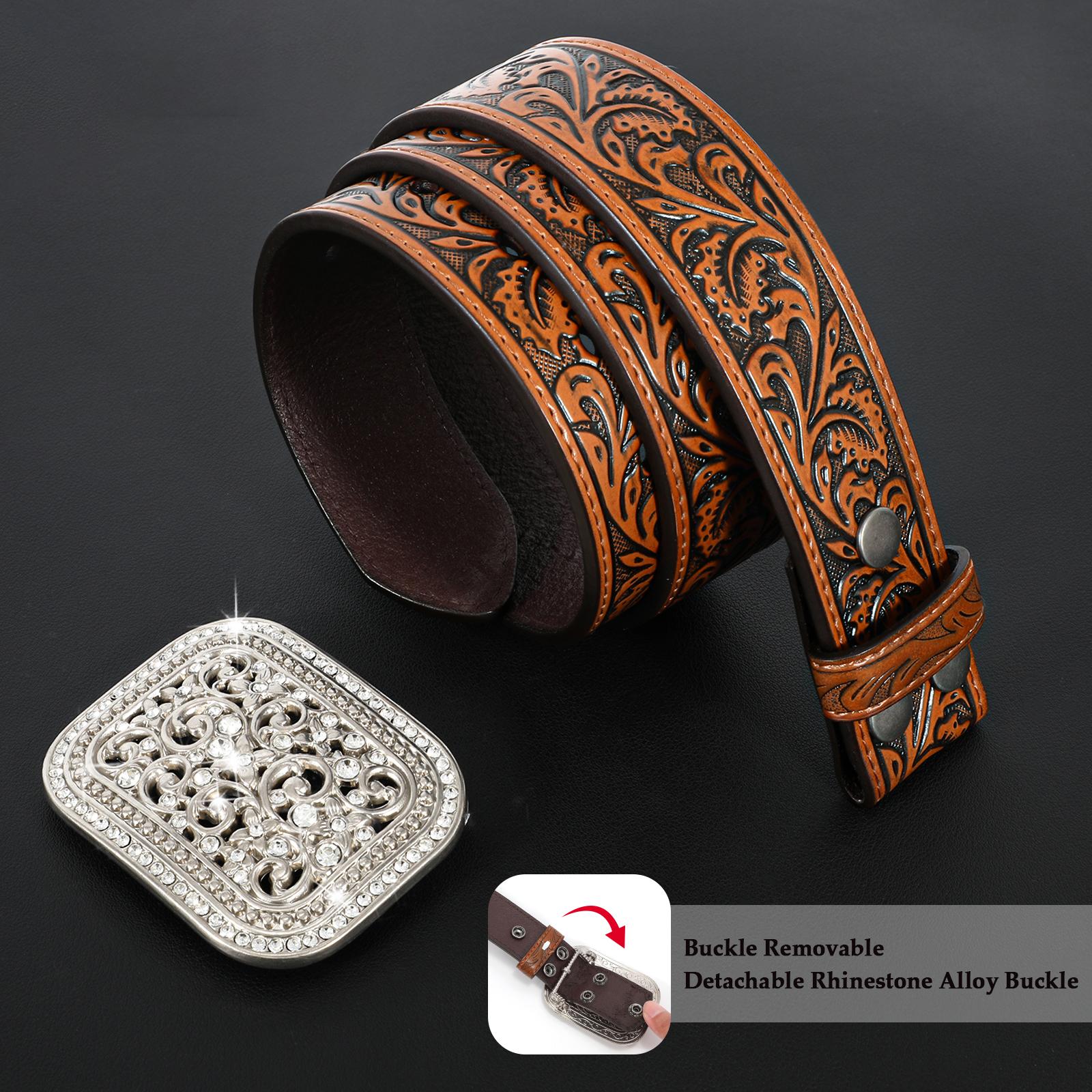 XZQTIVE Rugged Genuine Leather Western Belt for Men  - Bold Floral Engraving & Embossed Buckle, Ideal for Cowboy Style & Adventure"