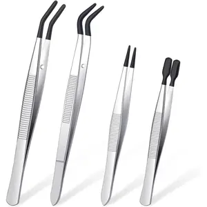 4 Pcs Rubber PVC Coated Tweezers Set, Straight Flat Long Bent Tip Tweezers for Crafts Stamps Beads Jewelry Making Tools