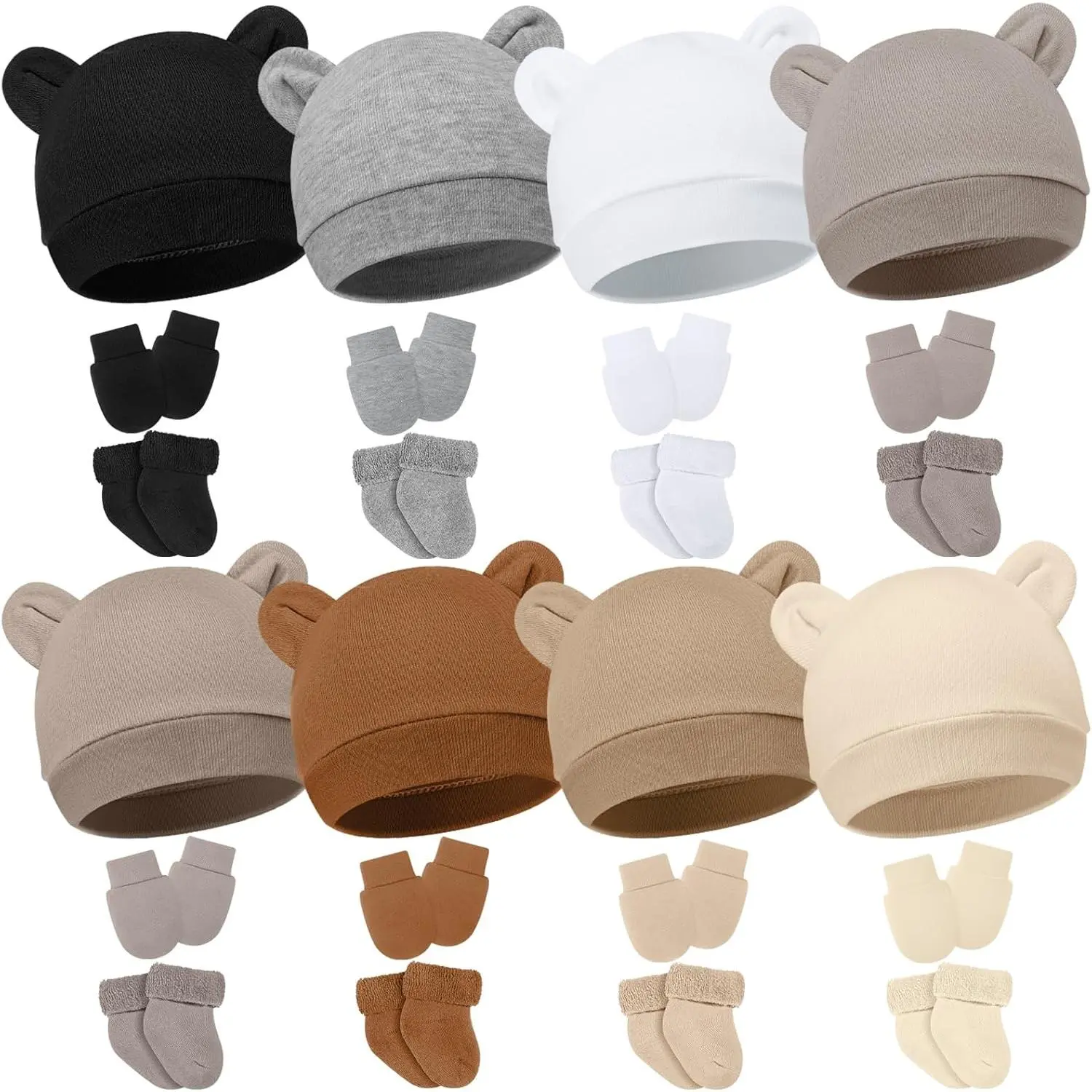 8 Pack Preemie Hats Mittens and Socks Set Cotton No Scratch Mittens Warm Caps Terry Socks for Preemie Baby Nicu Gifts