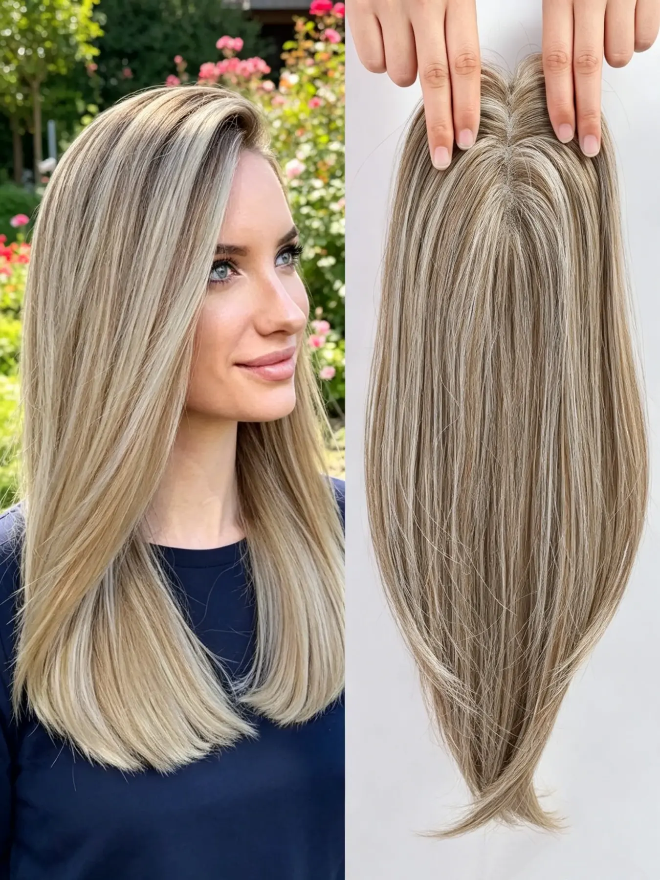 🎀Simple 2-second fix for thinning crown hair! Straight Kanekalon Hair Topper with invisible clip-in construction, realistic mixed blonde highlights, seamless blend with natural hair for casual daily styling