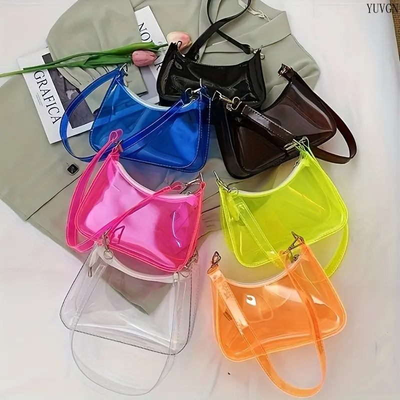 Women's 2026 Trendy Transparent Crescent Underarm Shoulder Bag - Zip Closure, Lightweight Slouchy Sporty Gym Bag, Stadium-Approved Casual Handbag for Concert Daily Use, Shoulder Bags, Slouchy Shoulder Bags