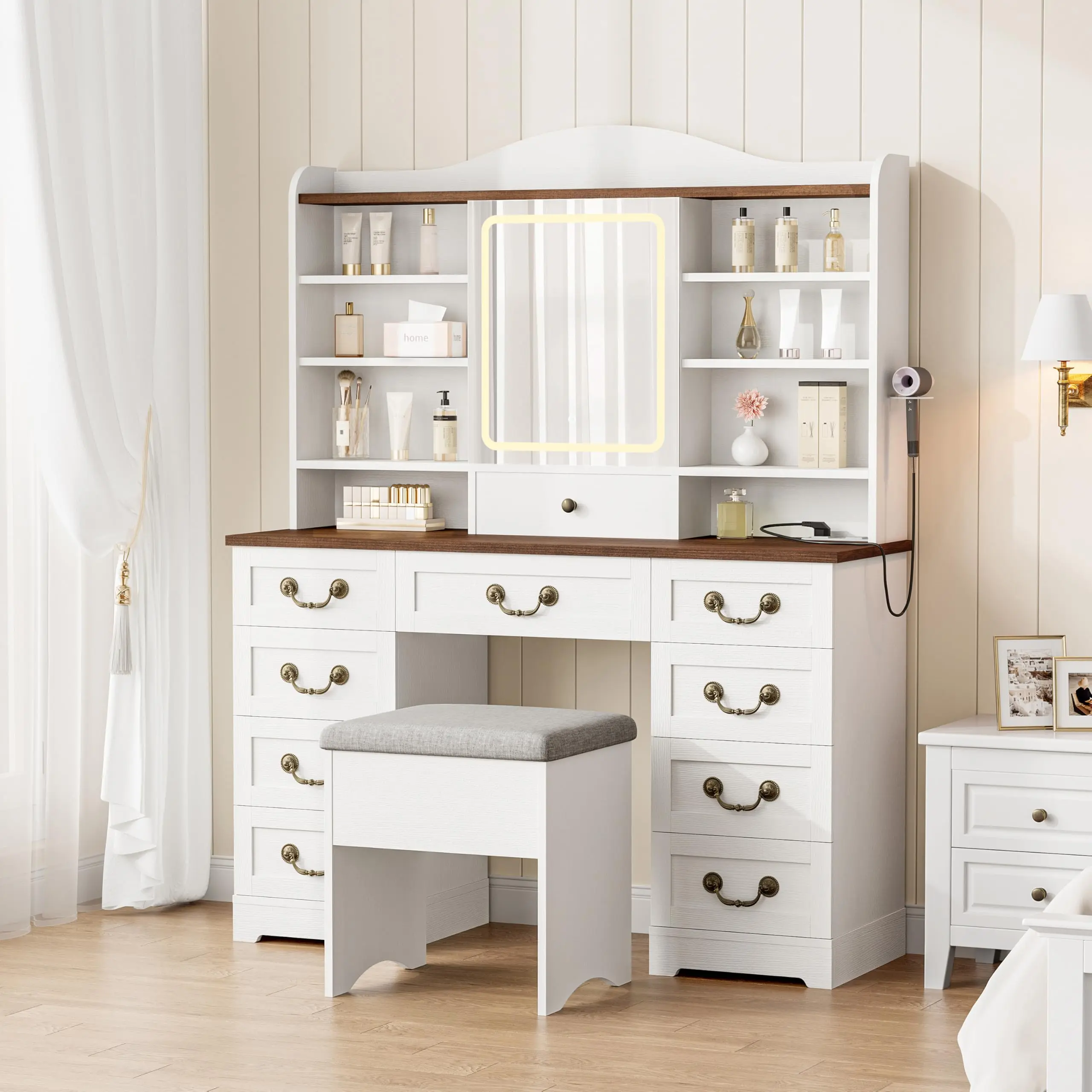 Modern Makeup Vanity Desk with Adjustable LED Mirror – 10 Drawers, 10 Storage Shelves, Power Outlet, Chair, 3 Color Lighting, Bedroom Dressing Table