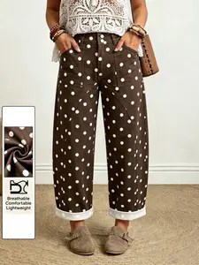 Women's Plus Size Denim Bucket Jeans, Fashion Polka Dot Nine-Inch Cropped Pants, All-Season Versatile Casual Clothing, Stylish, Chic and Comfortable