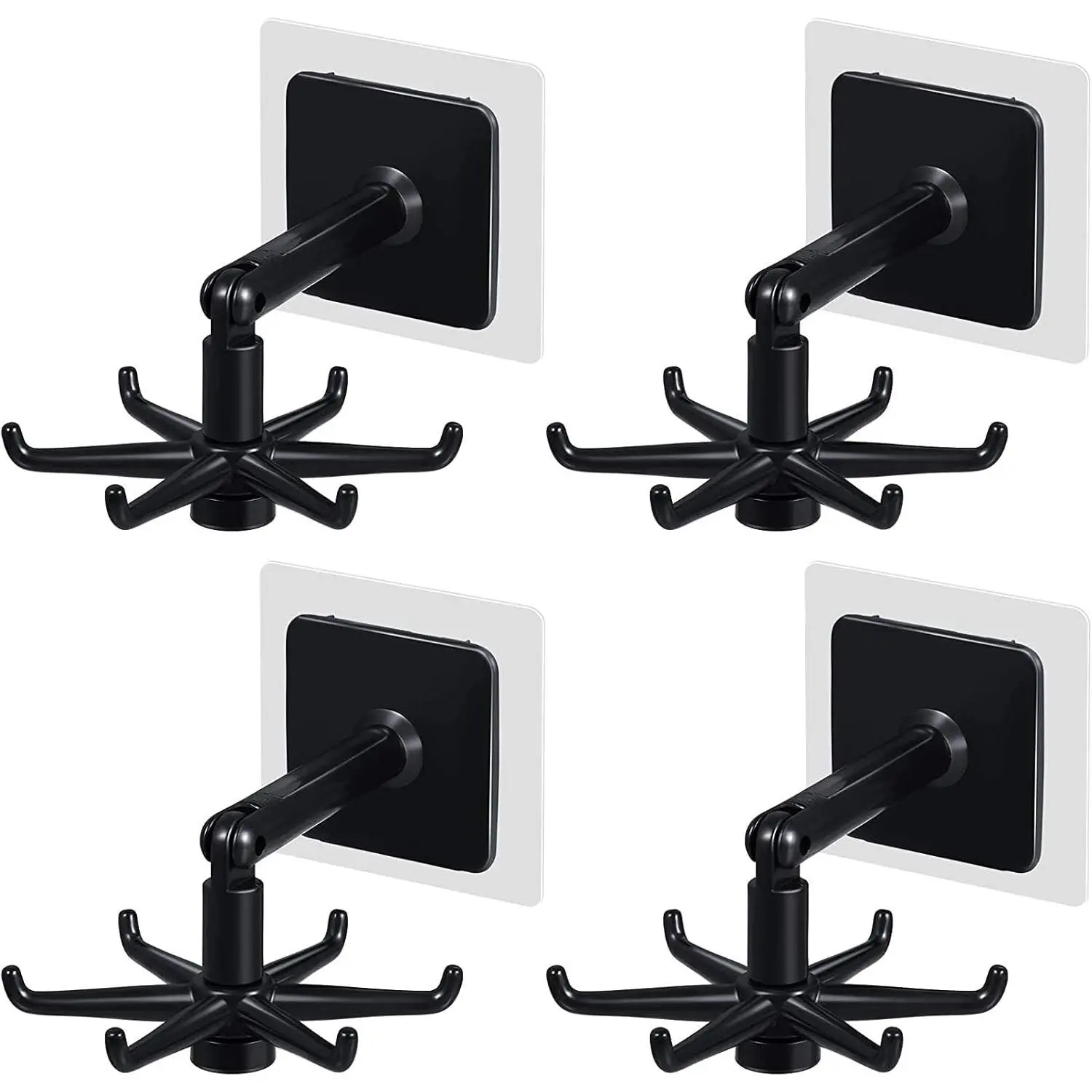 Hanging Utensil Holder Hooks Kitchen Utensil Hanger Wall Mount 360 Degrees Rotating Folding Hook Self Adhesive Hook Utensil Rack with 6 Hooks  Kitchen Bathroom Cabinet (4 Black)