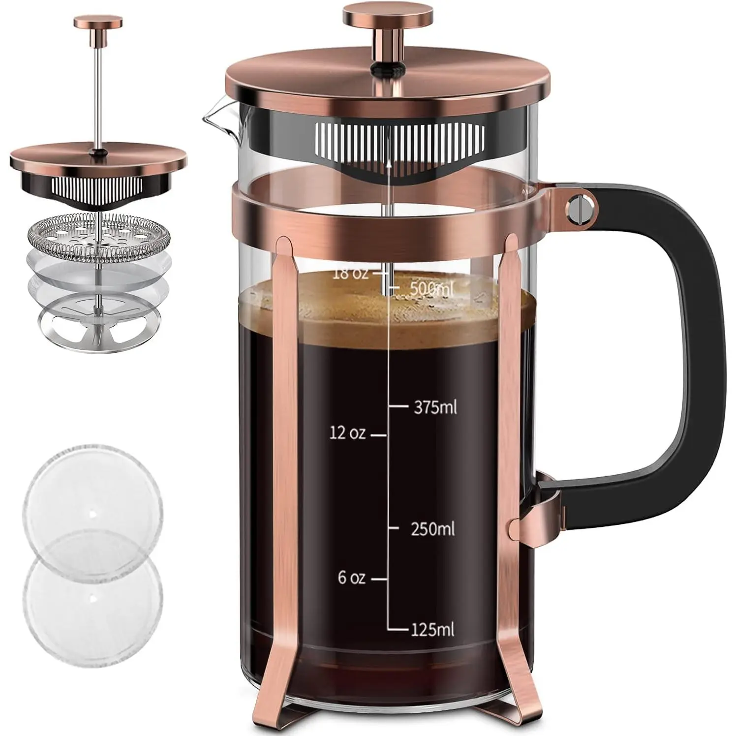 Press Coffee Maker, Borosilicate Glass Coffee Press | Thickened Glass Stainless Steel Coffee  Press,Easy to Clean,4 Filter Suitable for Kitche Camping Gifts (21oz, Copper)
