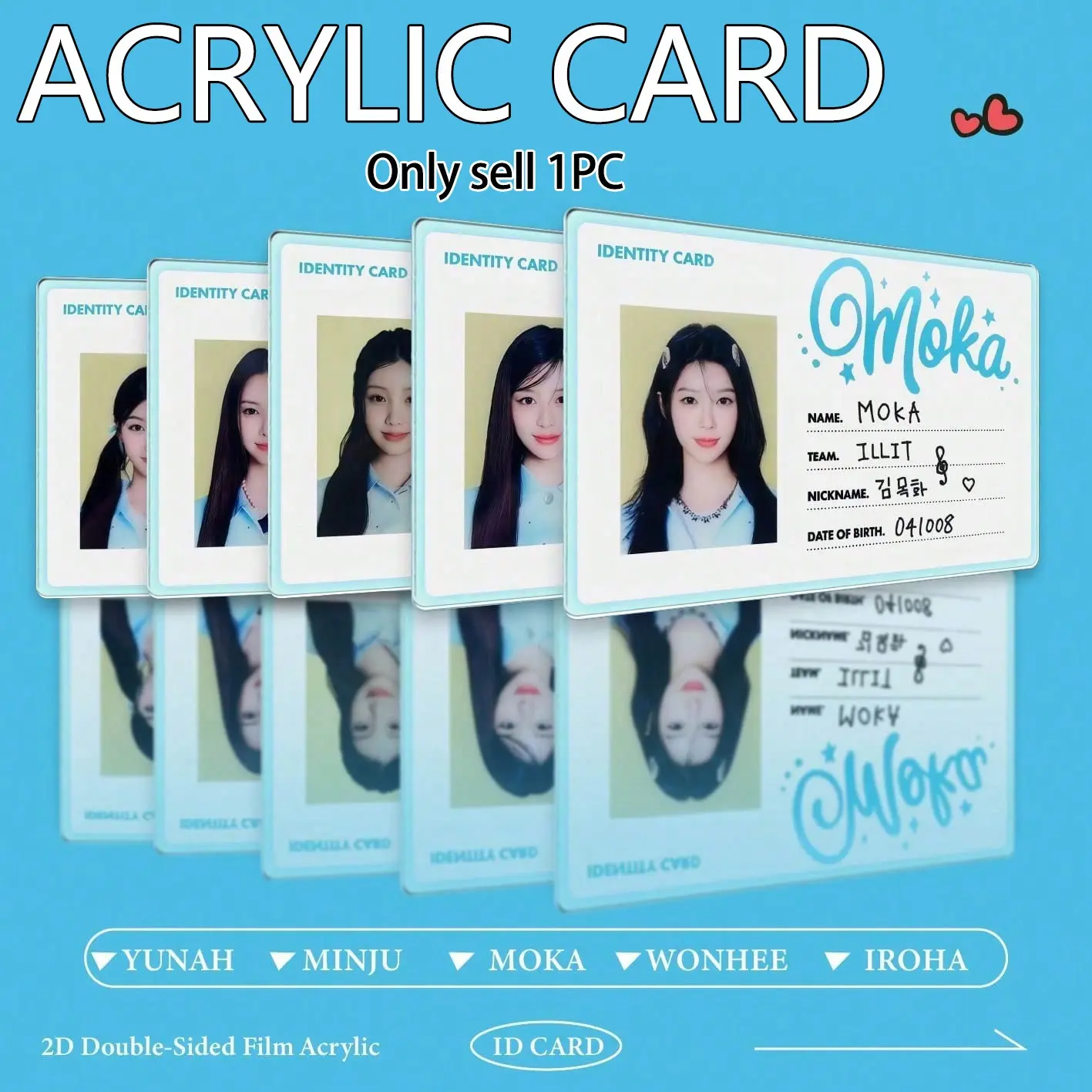 Illit Card, ID Card, Glitterday Merch Card, Fans Merch Goods, Wonhee, Iroha, Moka, Minju Card, Collectible Blue Card, Birthday Gift, Party Favor