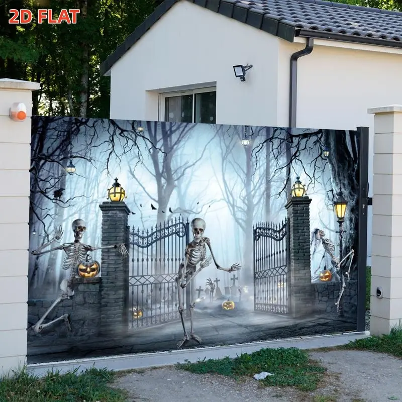 2D Flat, 1pc banner Halloween Skeleton Bone Hanging Fabric for Outdoor Garage Door Decoration, Large Sizeeter* Polyester Printed Banner for Villa Warehouse Festive Party And Daily Decor