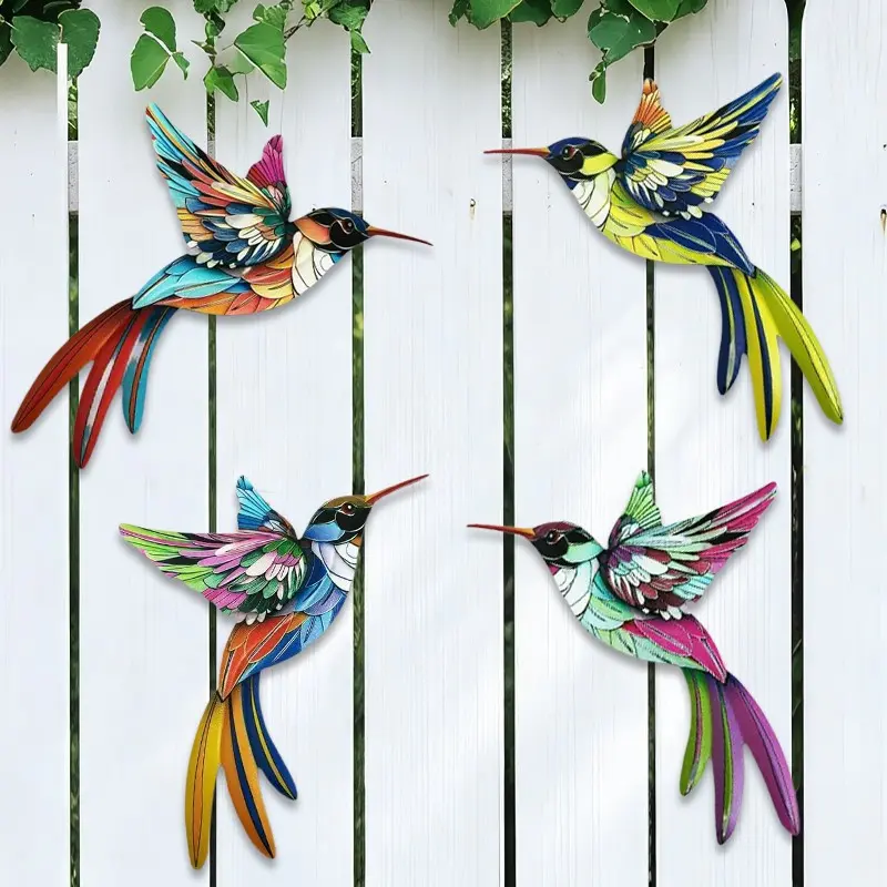 4 Pack Metal Hummingbird Wall Art Decor, Animal Art, Modern Art Design Home Decor Decoration Items, 3D Artistic Colorful Outdoor Sculpture for Garden Fence, Perfect Gifts for Family Friends