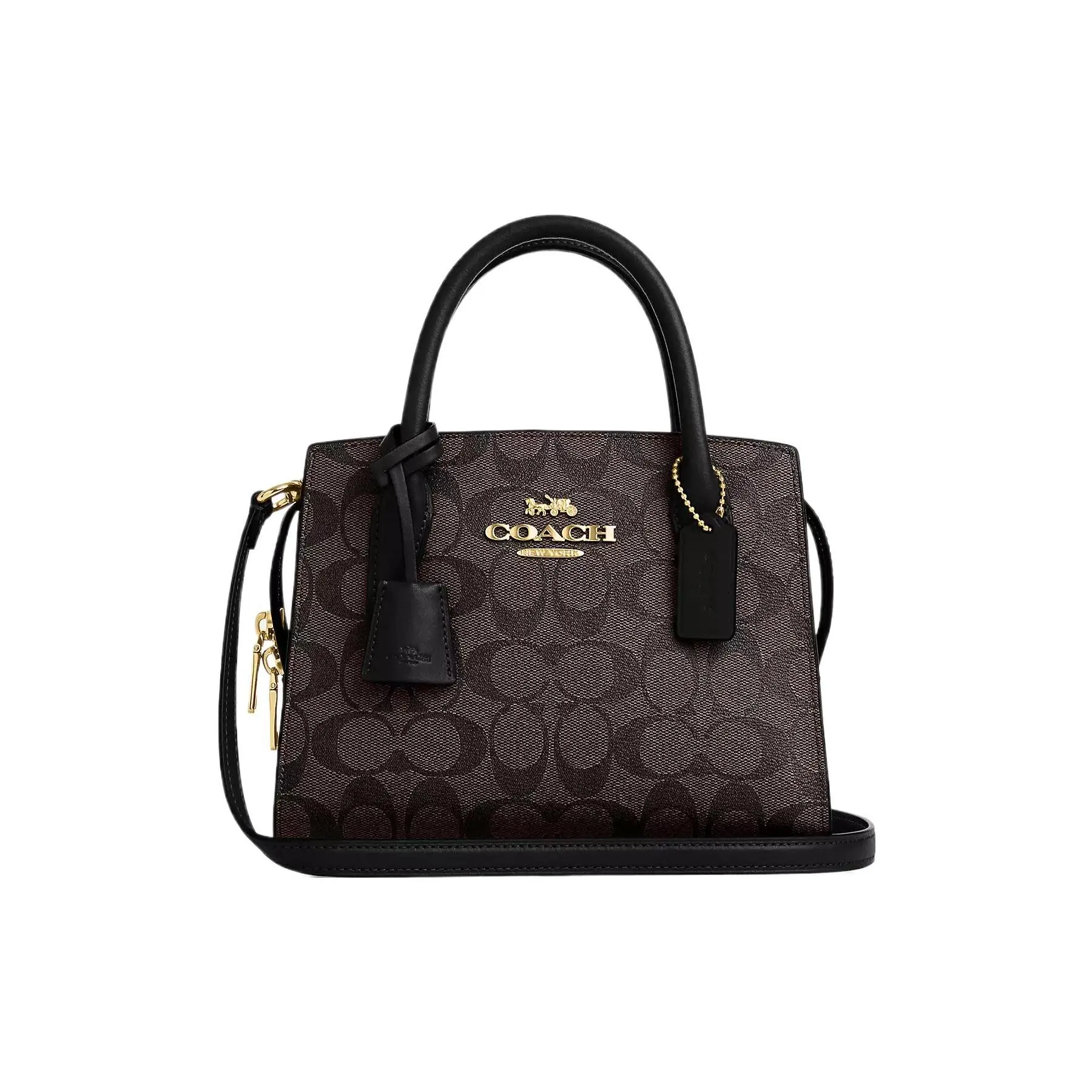 COACH Andrea Carryall 22 Tote Bag for Women – Classic Monogram Coated Canvas and Smooth Leather, Small Size, Dark Brown