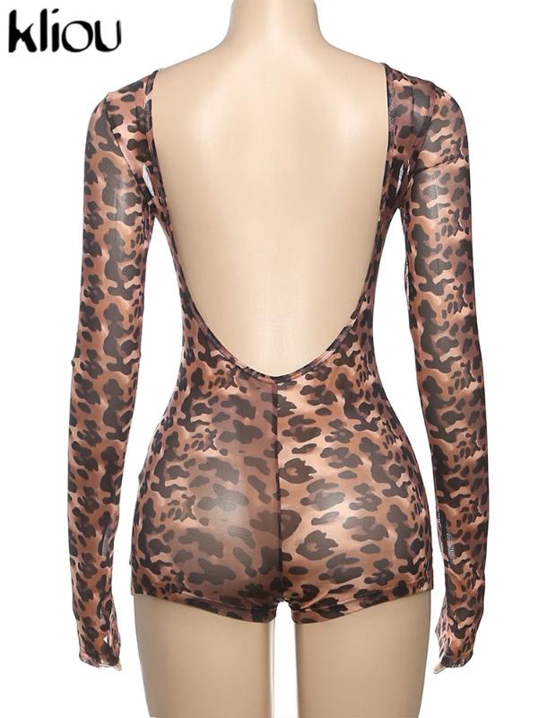 shapewear kliou Mesh Leopard Women Playsuits Sexy Hot Thin See Through Backless Full Sleeve Bodyshaping Romers Female Stunning Clubwear Womenswear Bodysuit Overalls Leopard_Brown Tops Halter Plaid