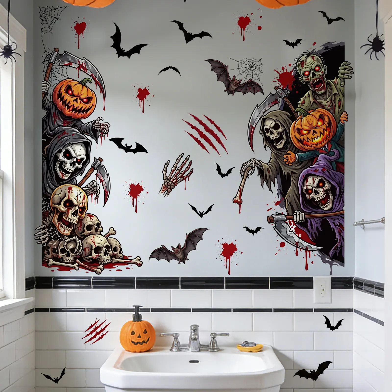2Pcs Set (3090cm2pcs) Realistic Spooky Halloween Self-Adhesive Wall Decals, Grim Reaper Zombie Skull Prints, Horror Decor Stickers for Haunted House Home Party Background