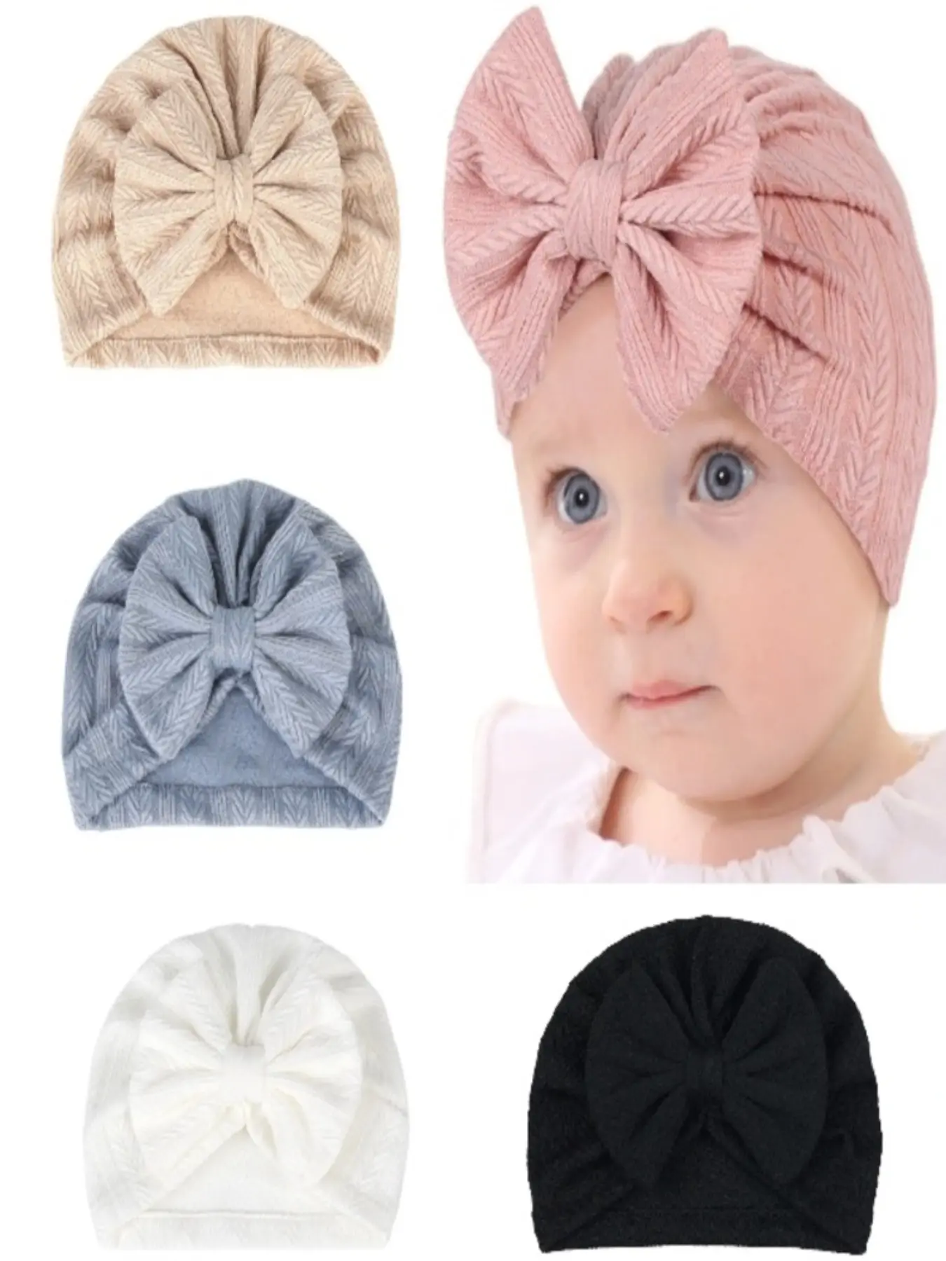 Textured Knit Bow Baby Turban Hat, Soft Stretchy Newborn Head Wrap, Comfortable Infant Accessory, Perfect for 0-12 Months