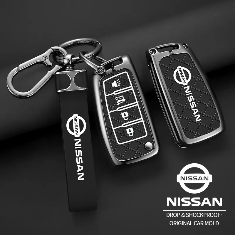 Car Remote Key Protective Case For Nissan 4 Button Flip Folding Remote Key Cover Panic Trunk Lock Unlock Alloy Fob Shell Versa, Navara, Micra, X‑Trail, Qashqai Car Key Case, Precision Molded for Perfect Fit Without Blocking Signal, Keychain