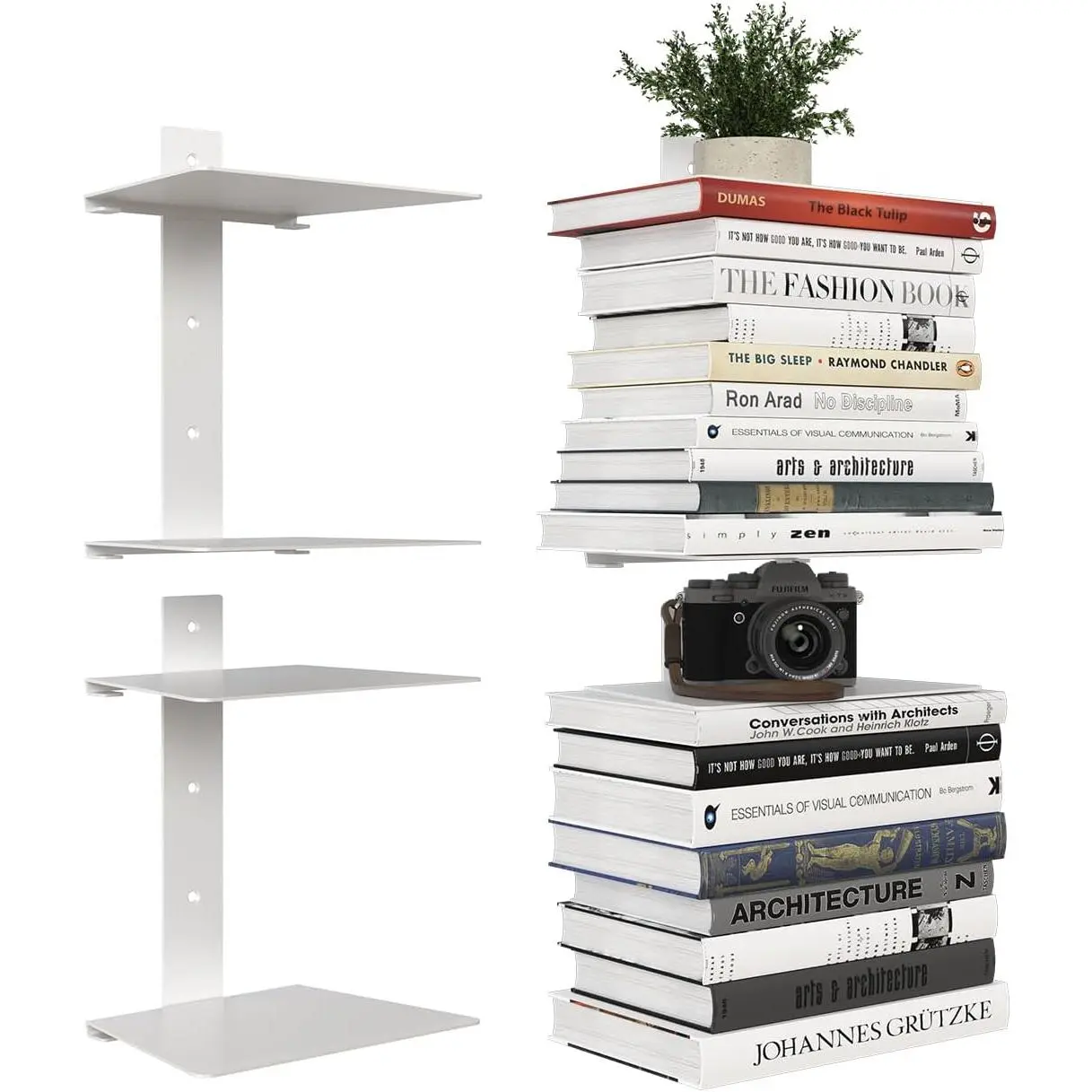 Invisible Bookshelf for Wall, 4 Tier Floating Bookshelf Made of Heavy Duty Metal, Vertical Spine Book Tower Hanging Wall Bookshelf, Floating Book Shelves for Wall, 2 Pack White