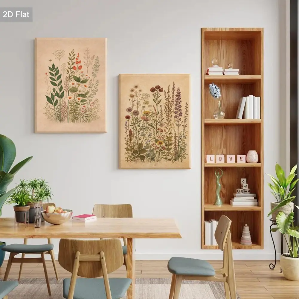 2 Piece Framed Plant Illustration Wall Art, Vintage Specimen Canvas, Floral Combination Print, Rustic Nature Poster, Home Decor for Living Room, Bedroom, Office, Bathroom