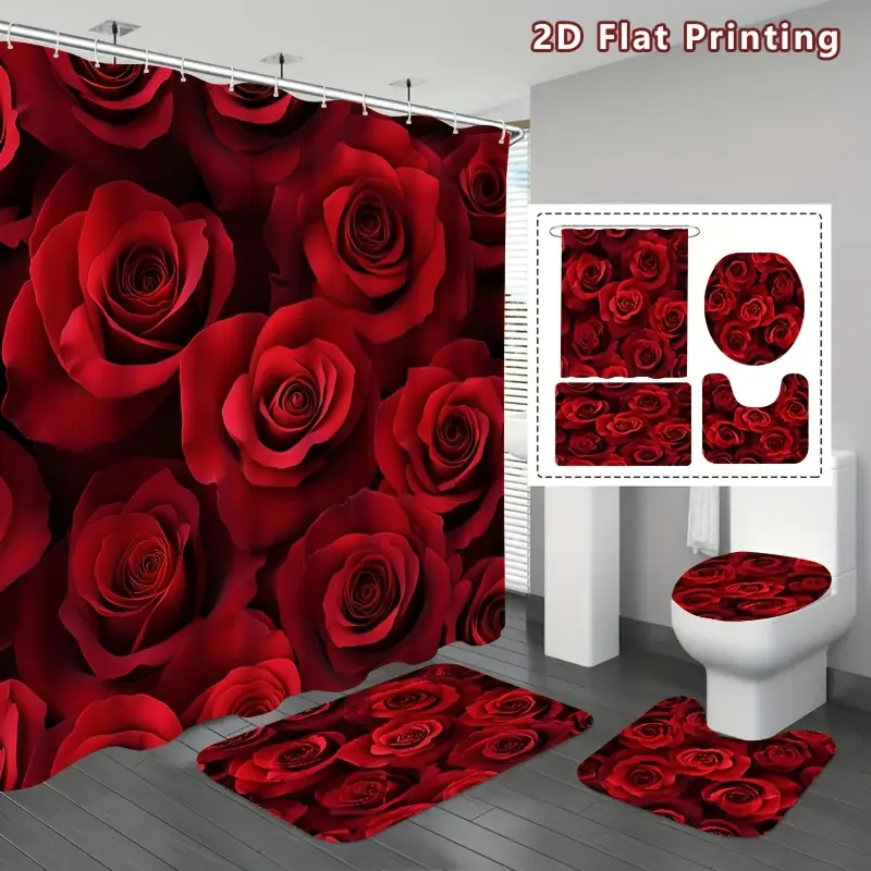 Red Rose Shower Curtain Set, 4-Piece Set, Romantic Floral Bathroom Decor, Enhanced Decor, U Shape, Toilet Cover Cover, Love in Bloom, Home Decor, Bathroom Enhanced Decor