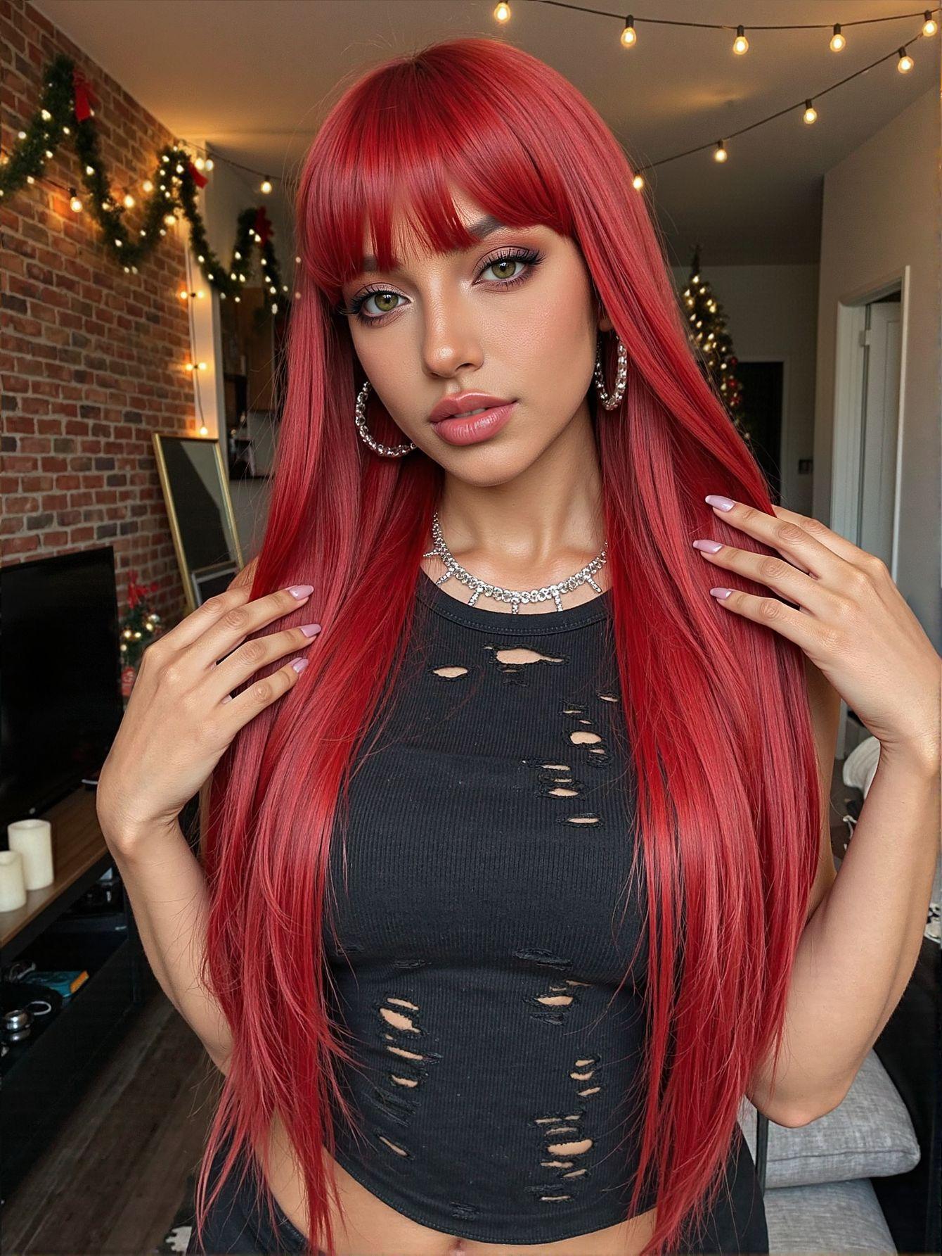 Latest Gray Ombre Straight Hair Wig with Front Fringe High Temperature Synthetic Fiber Easy to Put On Glueless Ventilated European and American Fashion Hair Topper