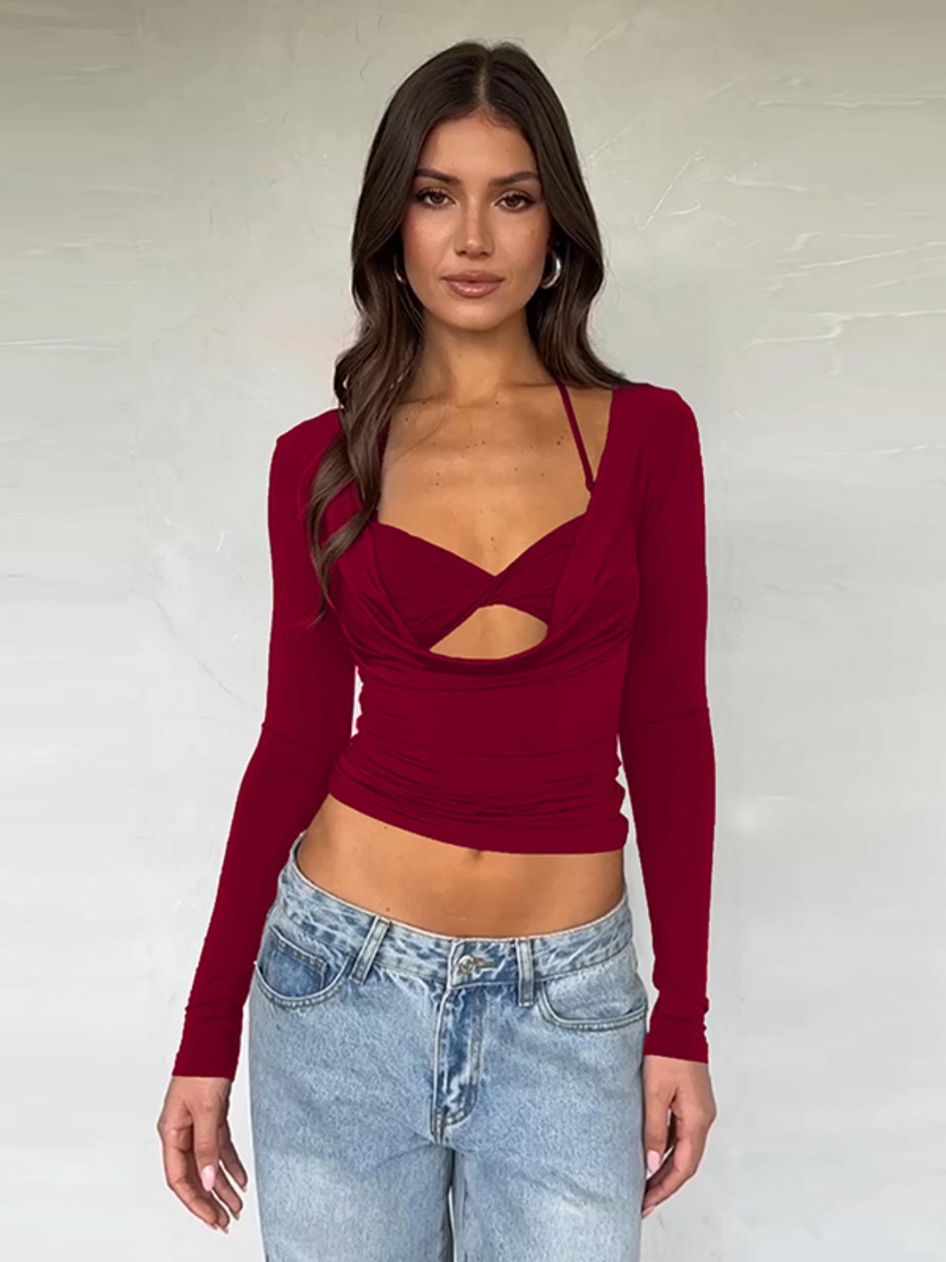 Women's Plain Twist Cut Out Halter Tee, Casual Tie Back Long Sleeve 2 in 1 T-shirt for Spring & Fall, Women's Clothing for Daily Wear, Valentine's Day, Gift, Plunge Neck Top, Lady Crop Top, Womenswear