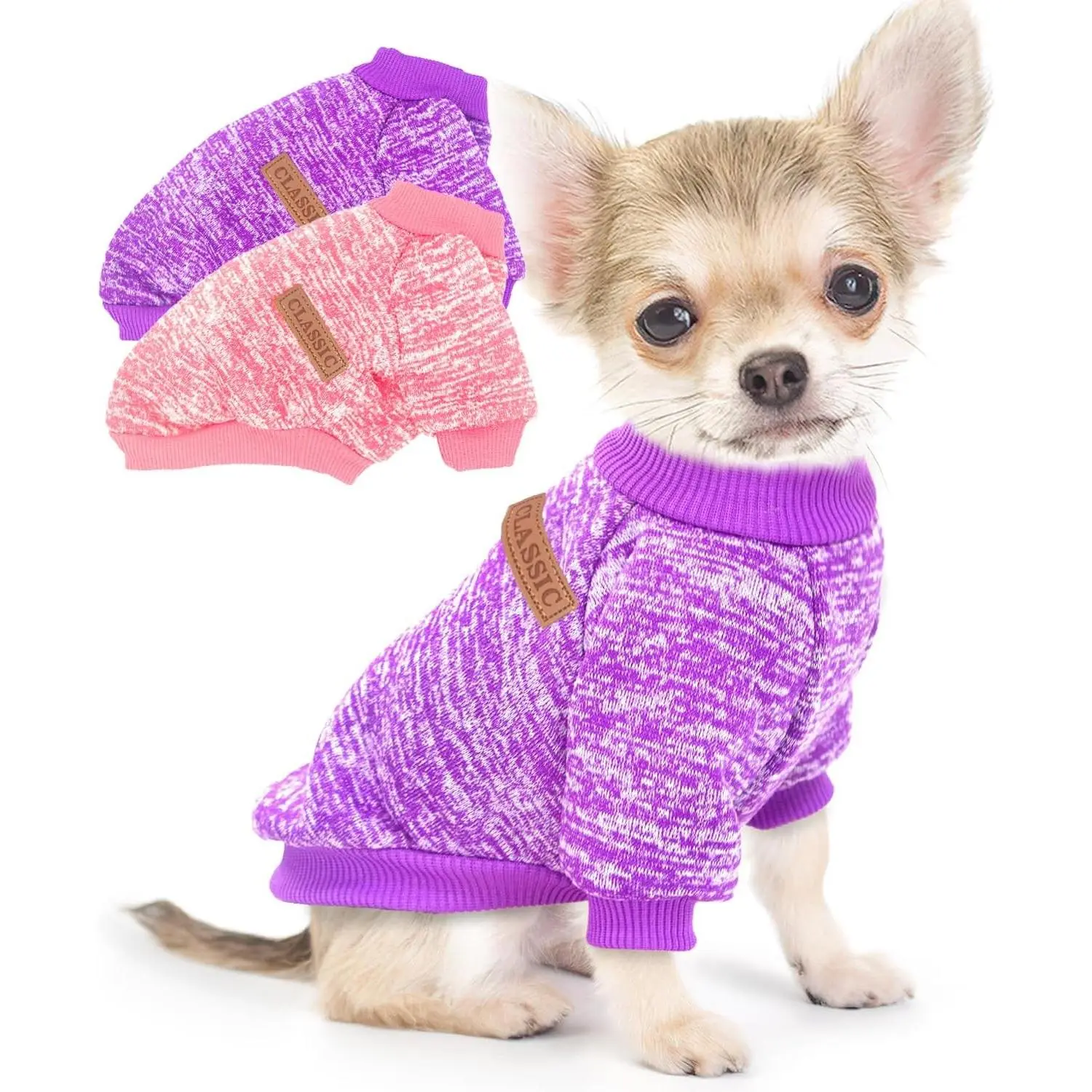 2 Pack 3.5-5.5lbs Dog Sweaters for Small Dogs Girl Winter Dog Clothes Fleece Puppy Sweaters Warm Thick Pet Sweatshirt Outfit Small Dog Sweater for Boy Dogs and Cat,XS,Pink Purple