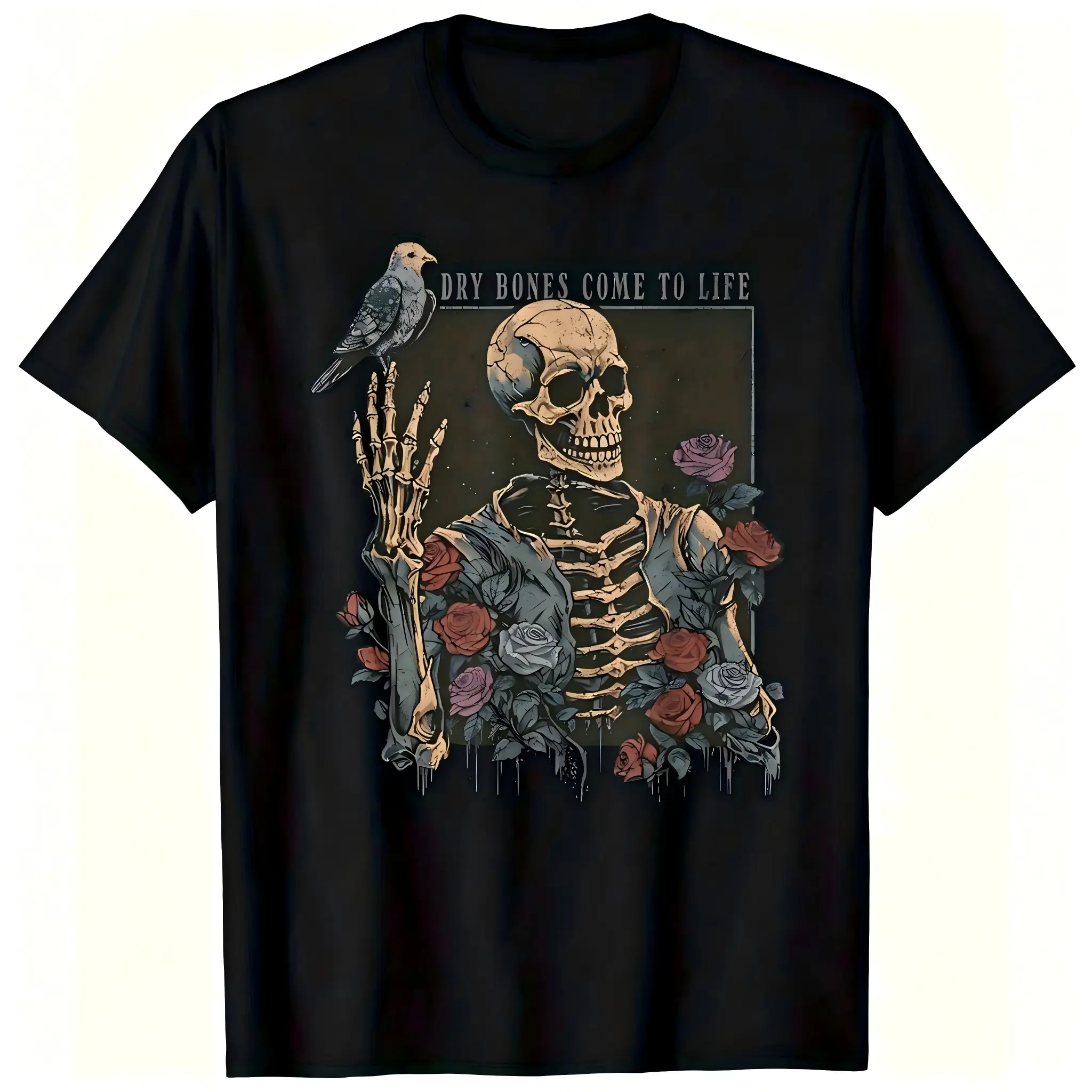 "Dry Bones Come To Life" Skeleton Dove Roses Unisex T-Shirt for Men & Women - Red Purple Gothic Faith Tee, Soft Cotton Crew Neck Short Sleeve, Perfect for Daily Wear & All-Season Comfort, Spiritual & Gothic Gift, Machine Washable