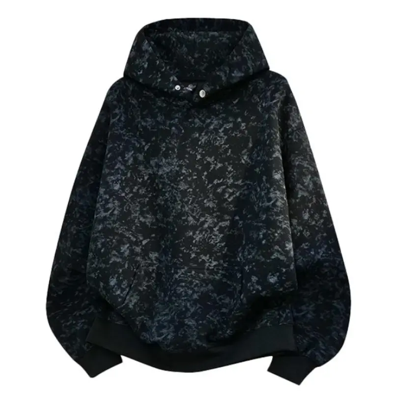 Men's Soft Cream Speckled Wash Long-Sleeve Hoodie - Menswear Tops, Adjustable Hood with Metal Snap Buttons, Front Kangaroo Pocket, Ribbed Hem & Cuffs, Loose Oversized Silhouette, Minimalist Vintage Casual Sweatshirt for Spring Autumn Sports Daily Outfits