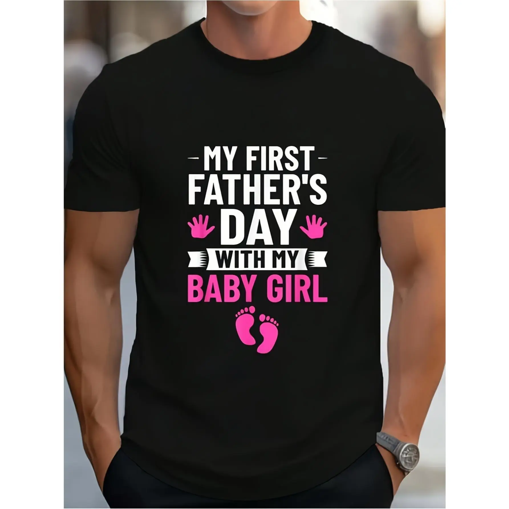 First Time Dad T-Shirt for New Fathers - Baby Footprint & My First Father's Day Gift Suitable for Men's Casual Wear, Soft Breathable Crew Neck Tee with Baby Print, Unisex Baby Shower Present for New Dad, Machine Washable Black Shirt