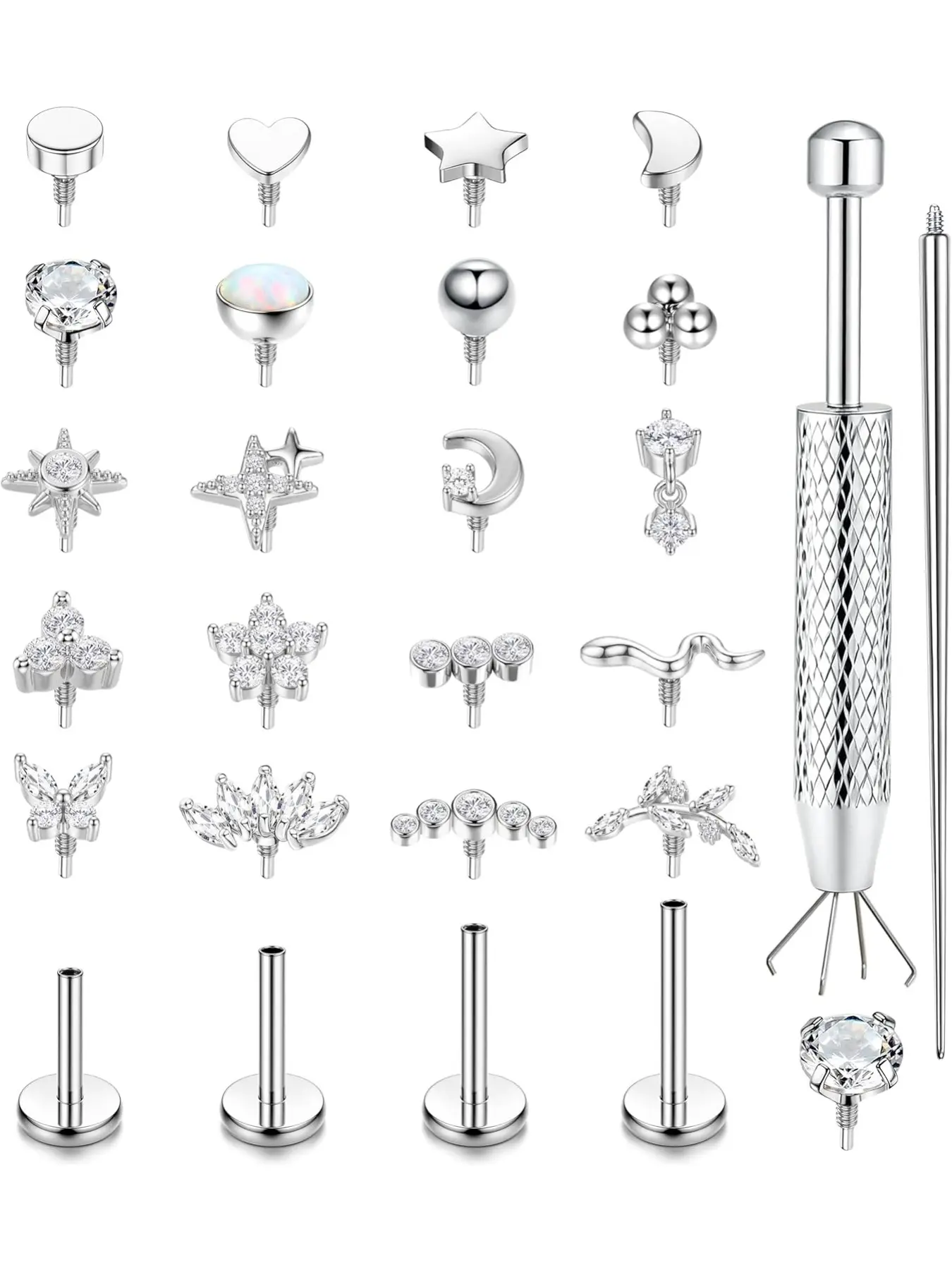Flat Back Stud Earrings for Women Hypoallergenic Surgical Steel Internal Thread CZ Stud Piercing Jewelry for Tragus Helix Conch Cartilage 14K Gold/Silver Plated Nose Lip Labret Medusa Piercing 16G 18G Nose Studs Flat Back