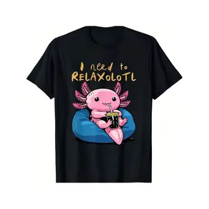180gLoose Round Neck Short Sleeve T-Shirt |   Fun Axolotl Relaxing I Need To Relaxolotl Shirt, Soft and Comfortable, Vintage Style, Crew Neck, Slight Stretch Fabric, Regular Fit, Perfect for Adults