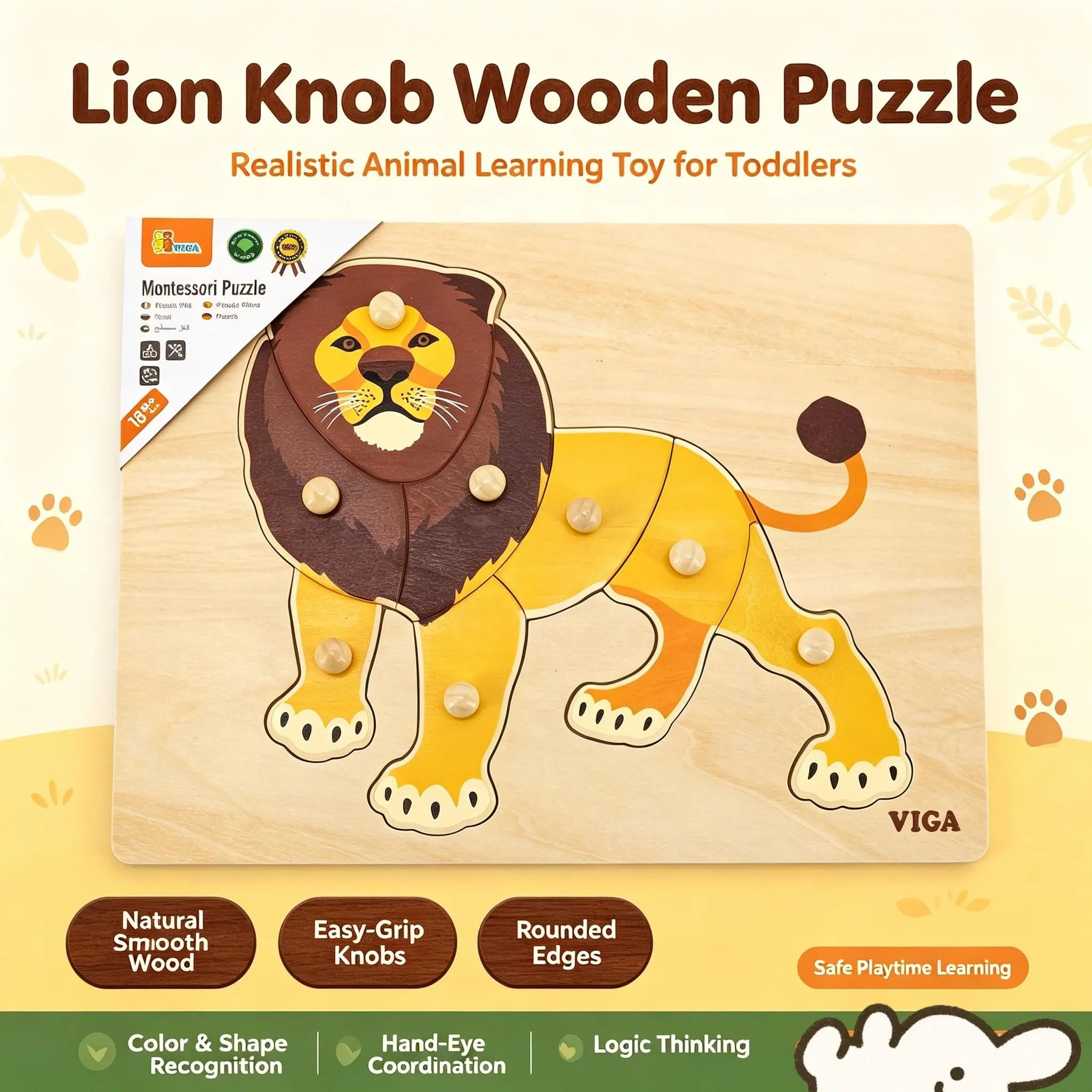 Montessori Wooden Knob Animal Puzzle for Toddlers 18m+, 12 Realistic Animals, Eco-Friendly Wood, Early Learning Toy, Hand-Eye Coordination