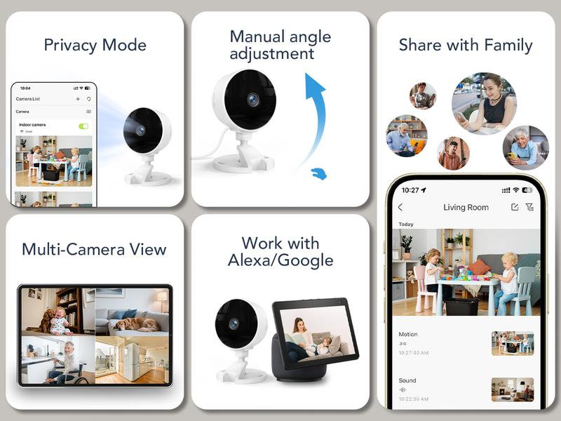 GNCC Indoor Security Camera with 2.4G WiFi, Full HD 1080P, AI Motion Detection, Sound Alert, 2-Way Audio, Night Vision, Cloud & SD Card Storage – Works with Alexa, Google Home for Home Surveillance, Baby/Pet Monitor