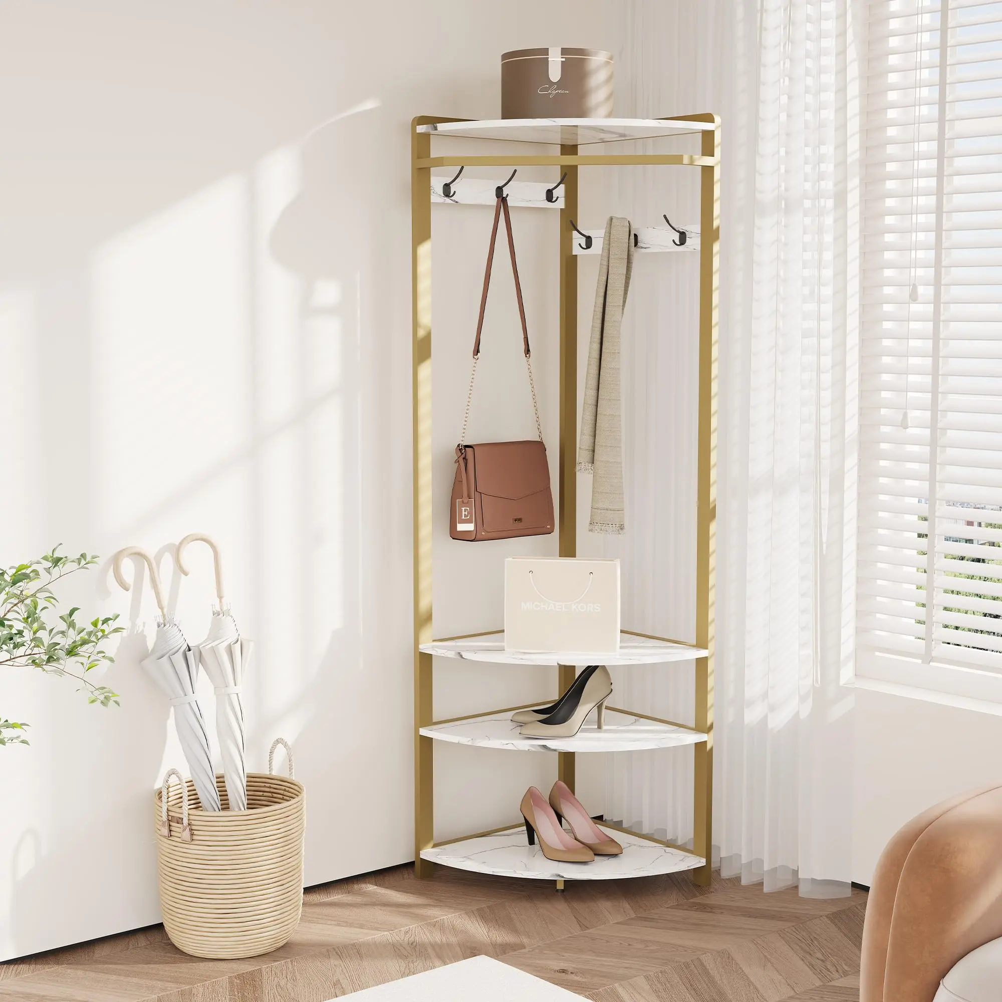 Garvee Space-Saving Corner Coat Rack Hall Tree – 6 Double Hooks, 4-Tier Storage Shelves, Shoe Bench – Freestanding Entryway Organizer for Hallway, Bedroom, Home Office