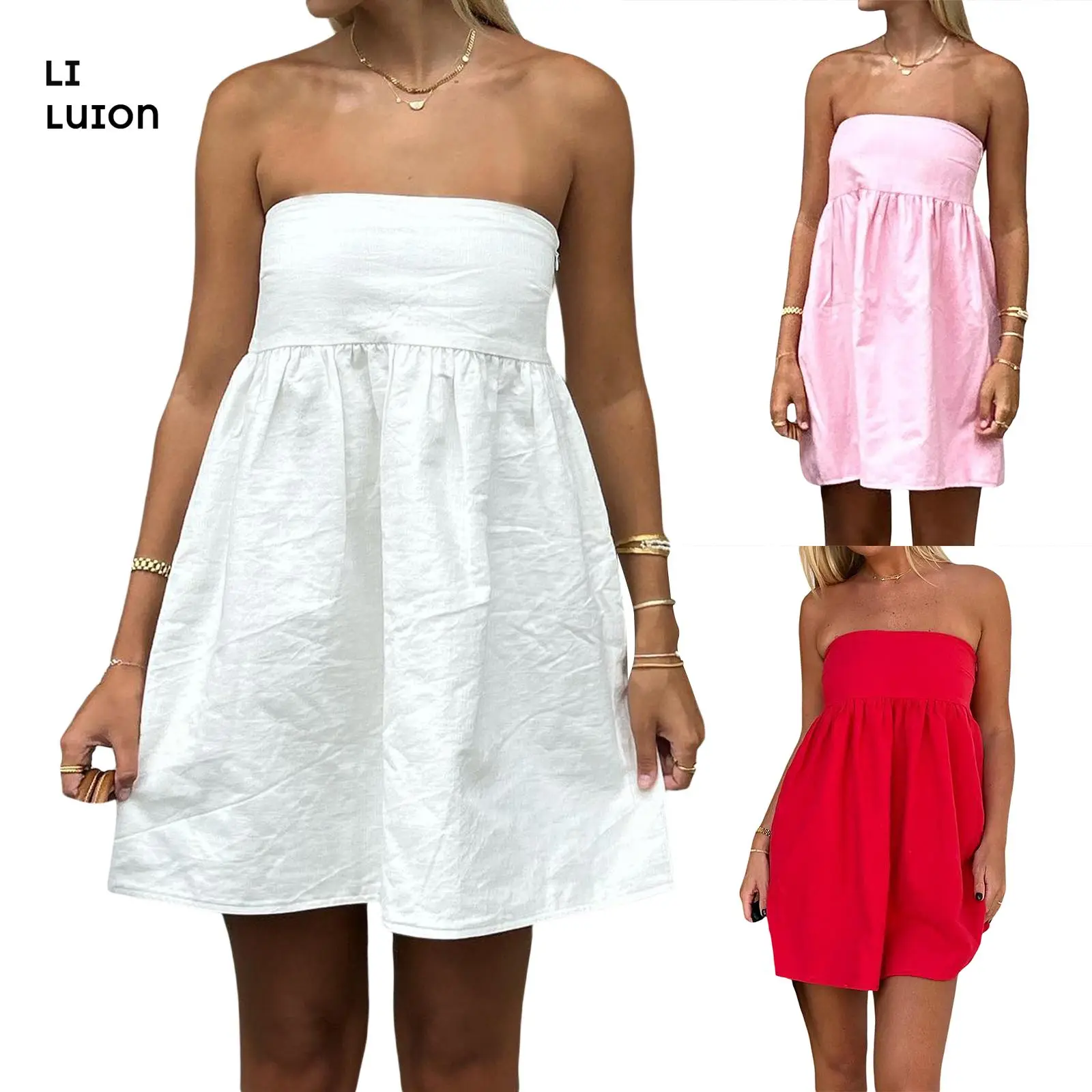 Women Cotton Tube Dress Solid Color A-line Dress Strapless Dress Summer Backless Mini Dress