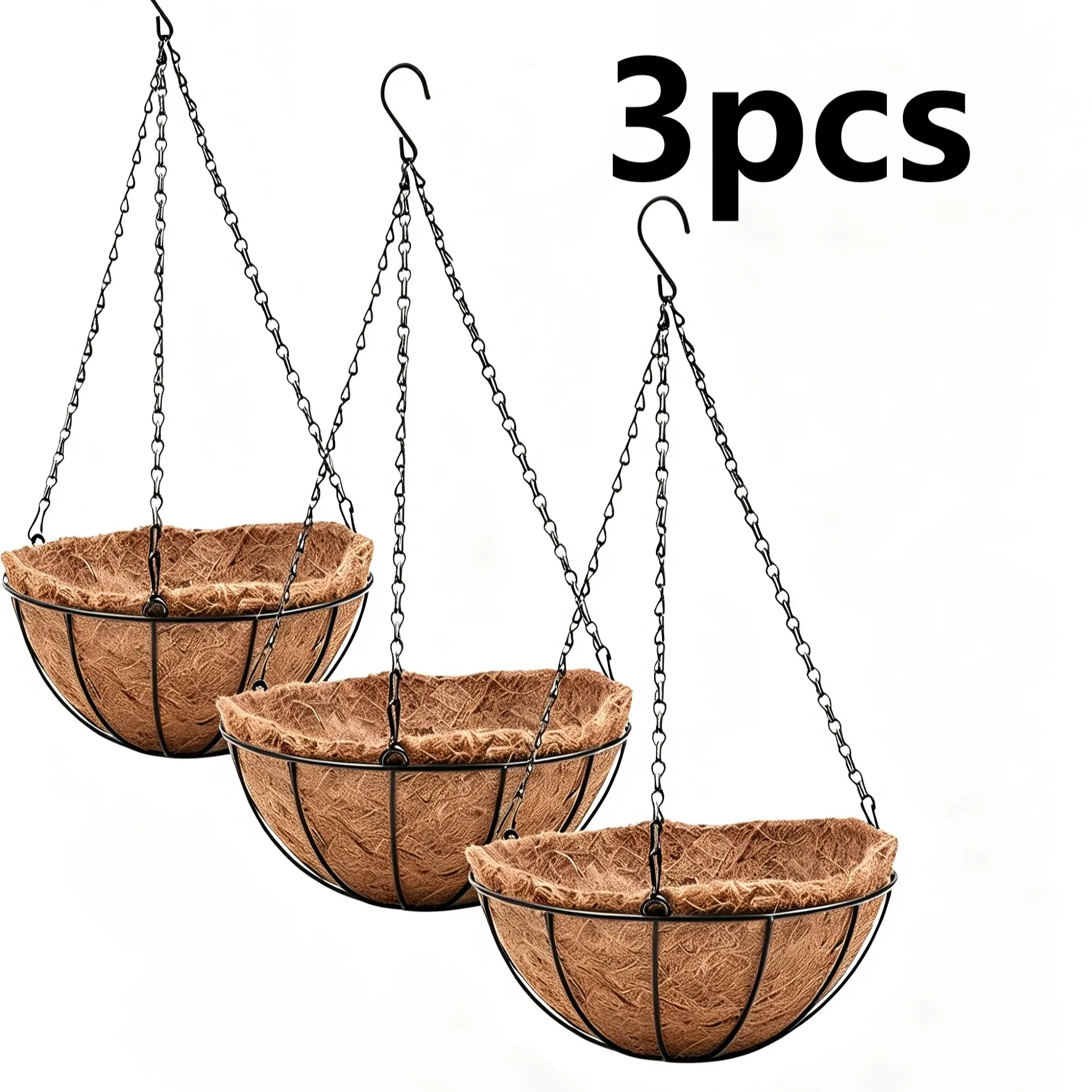3 Piece Iron Hanging Flower Pot Set with Natural Coir Lining, Metal Basket for Outdoor Balcony Garden, Vertical Planting Container