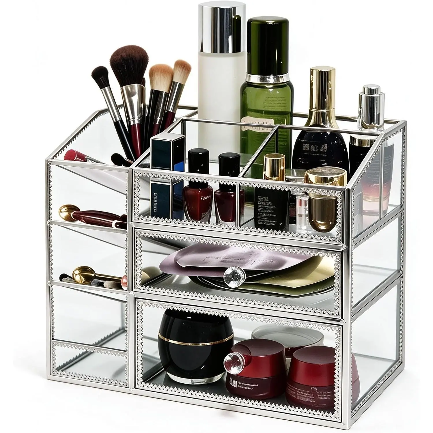 Glass Makeup Organizer with Drawers,  Mirror Glass   Storage Case, 3-Tier Luxury Dressing Table Organizer for Skincare, Perfume, Brushes & Lipsticks