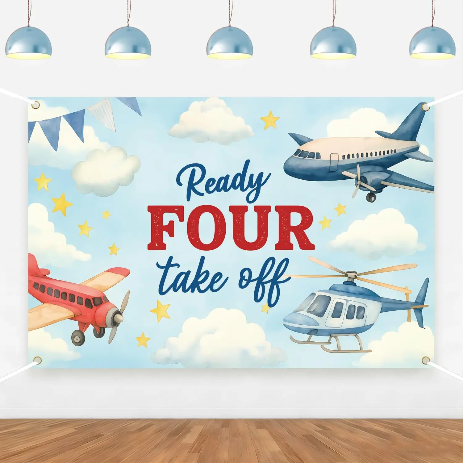 1Set Ready Four Take Off Birthday Backdrop Airplane 4th Birthday Party Decorations Airplane Helicopter Plane Time Flies Theme Banner for Kids Boys Girls Plane Aviation 4 Bday Party Supplies 5  3ft