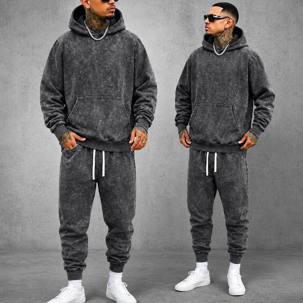 Men's Vintage Acid Wash Hoodie & Jogger Sweatpants Set, Cotton Blend Pullover Hooded Sweatshirt with Drawstring Elastic Waist Ribbed Cuff Pants, 2-Piece Matching Sweatsuit, Retro Streetwear Tracksuit for Fall Winter, Daily Wear, Lounge, Travel