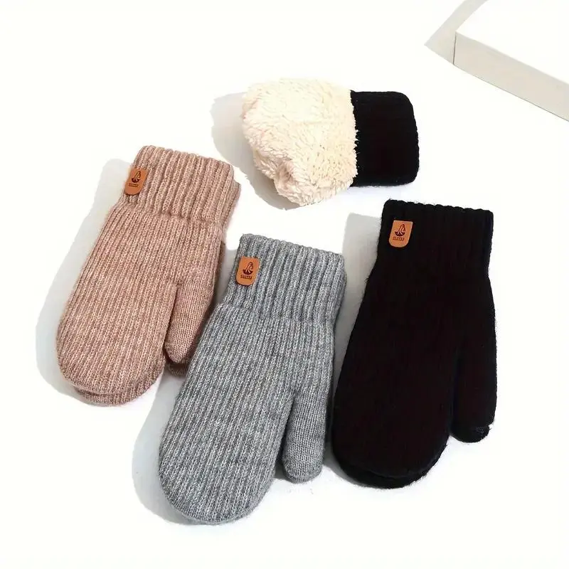 Winter Warm Fleece Gloves, Cute Plush Full Finger Knit Mittens, Outdoor Cycling Thick Double Layer Cold Protection, Essential Winter Accessories