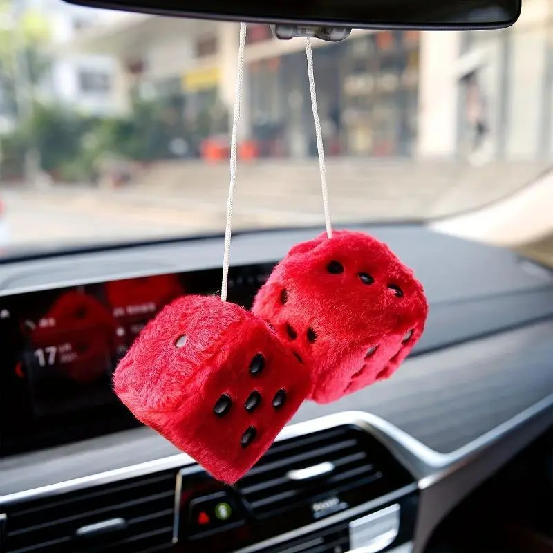 Cute Dice-Shape Soft Plush Rearview Mirror Ornament - Scratch-Proof Universal Fluffy Look Car Accent, DIY Bag Charm, Luggage & SUV Accessories, Car Accessories Cute