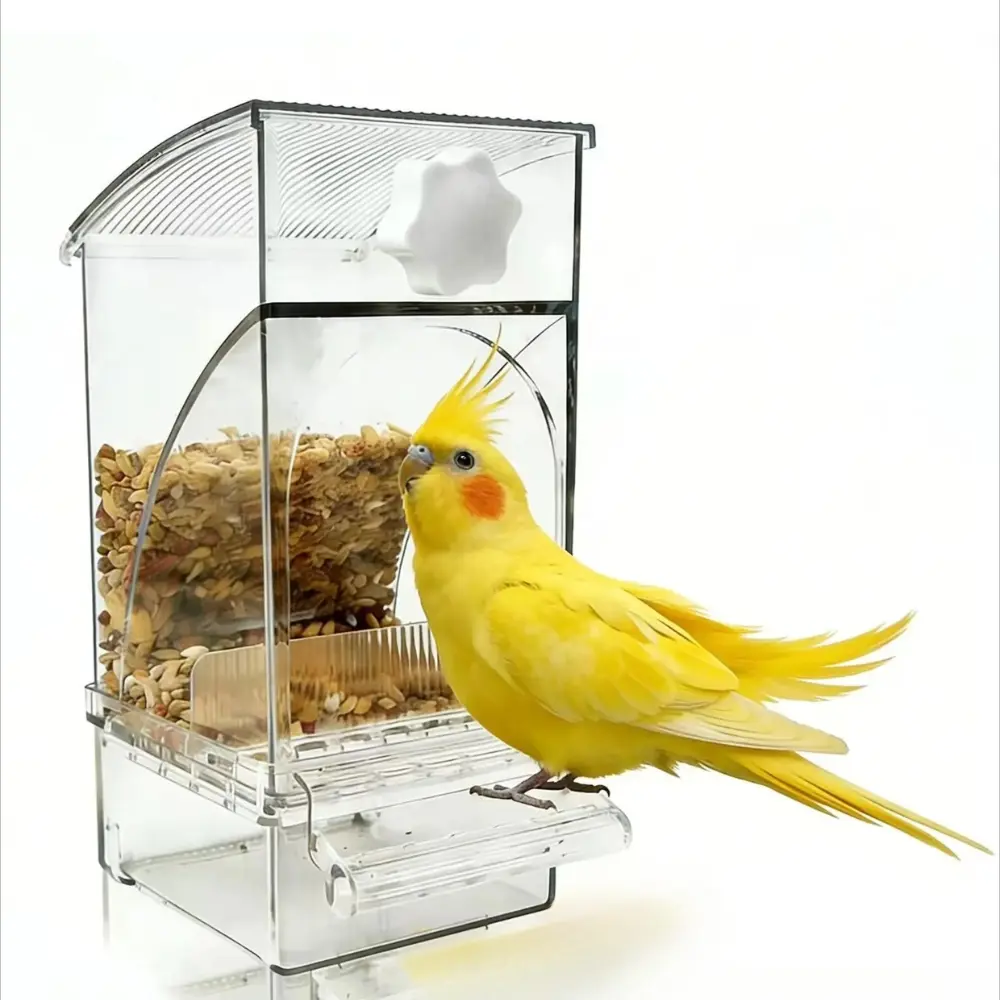 No Mess Bird Feeder for Cage - Automatic Gravity Food Dispenser with Perch, Clear Acrylic Seed Storage for Parakeets, Cockatiels, Budgies & Finches (Waste-Free Design)