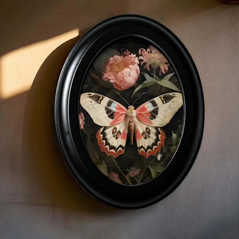 1count Gothic Vintage Oval Photo Frame - Elegant Butterfly & Floral Wall Decor (6.8 * 8.7inch)- Black Border - Lightweight for Living Room, Office Decoration - Easy Hanging with Pre-Drilled Holes - Vintage Home Decoration Gift, Holiday Decorations