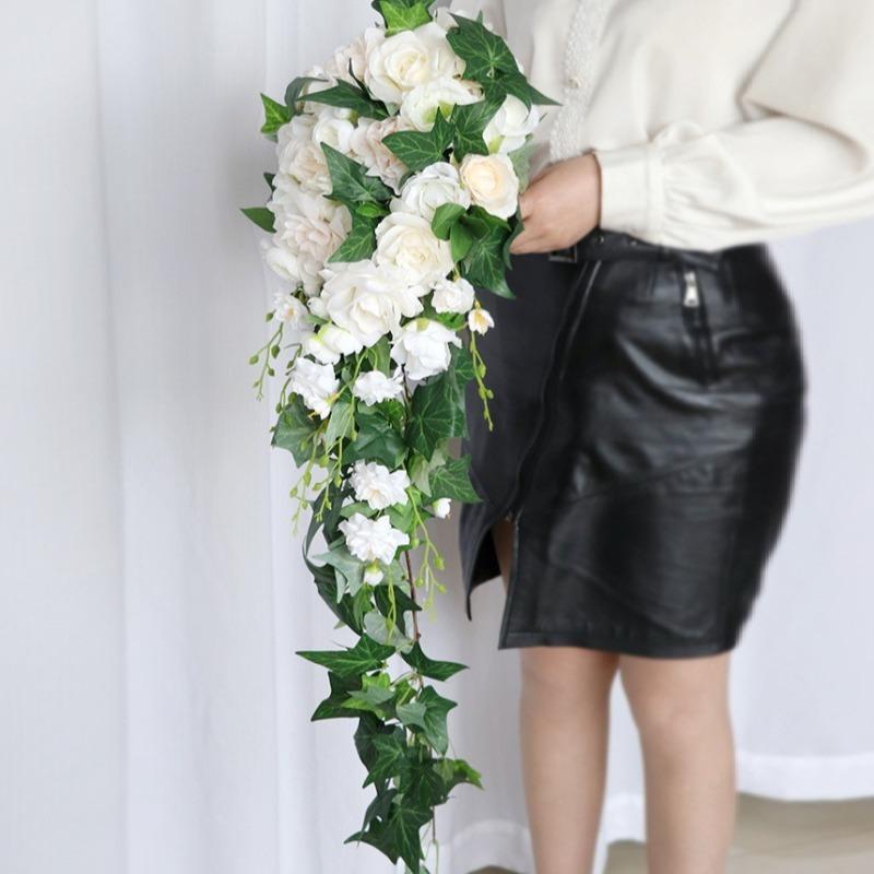 Bridal Calla Lily Rose Bouquet, White Burgundy Artificial Flowers, Teardrop Floral Arrangement for Wedding Anniversary Decor